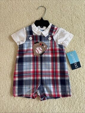 Good Lad Red, Blue, White Plaid Baseball Romper